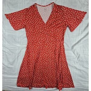 41 Hawthorn Faux Wrap Elisse Knit Dress Surplice Leaf Print Copper Red White L
